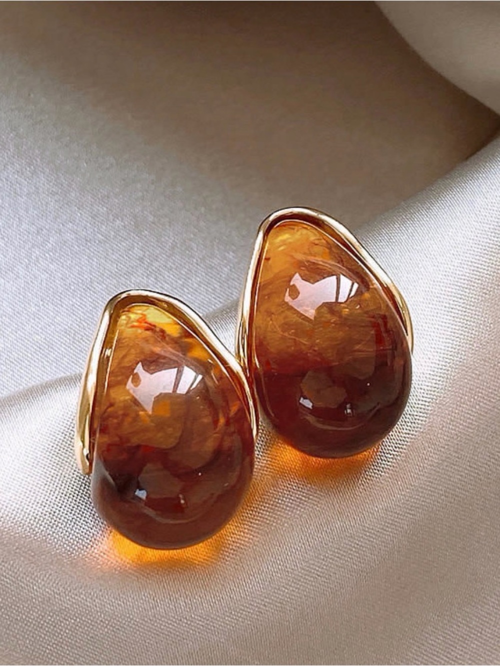 Amber Teardrop Resin Clip-On Earrings - Gold Setting